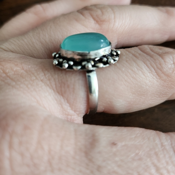 Cabochon Aqua Chalcedony Ring-Chalcedony Ring-925 Silver Plated Ring-Aqua Chalce - Picture 2 of 2